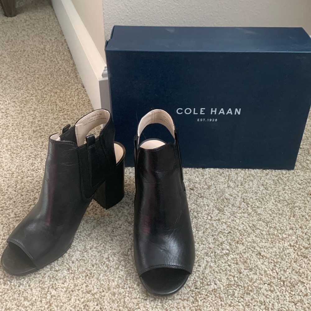 Cole Haan size 9 open toe sling back bootish / peep toe leather shoes, black.
